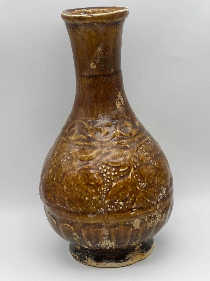 金～元時代　褐釉花草文花瓶　花入　花瓶　茶道具　香道具(B-63)