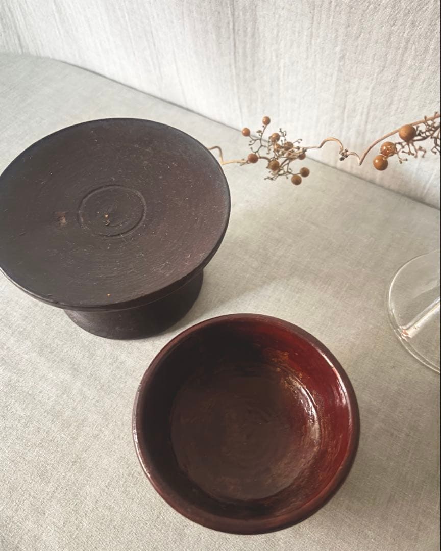 韓国 骨董 木製 高杯 脚付 腕 2点 ビンテージ 李朝コンポティエアンティーク