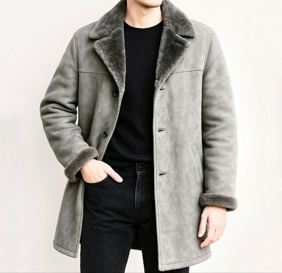 ヴィンテージ シープスキン スエードレザーリアルムートンチェスターコート グレー