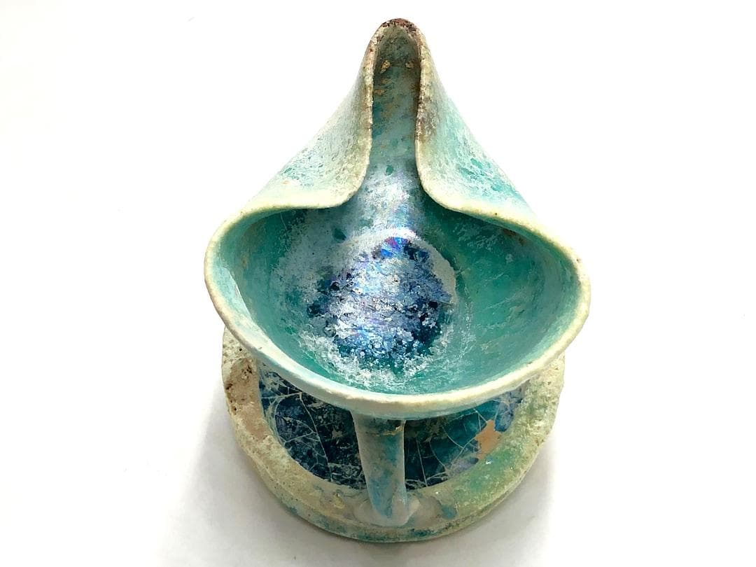 【 ペルシャ古陶 】 出土灯火器 青釉銀化 イスラム陶