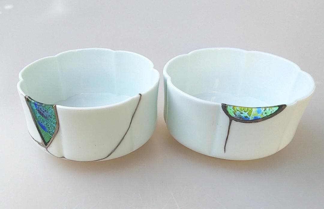 ★珍しいガラス呼び継ぎ★白磁にローマンガラスのような硝子★向付2客セット