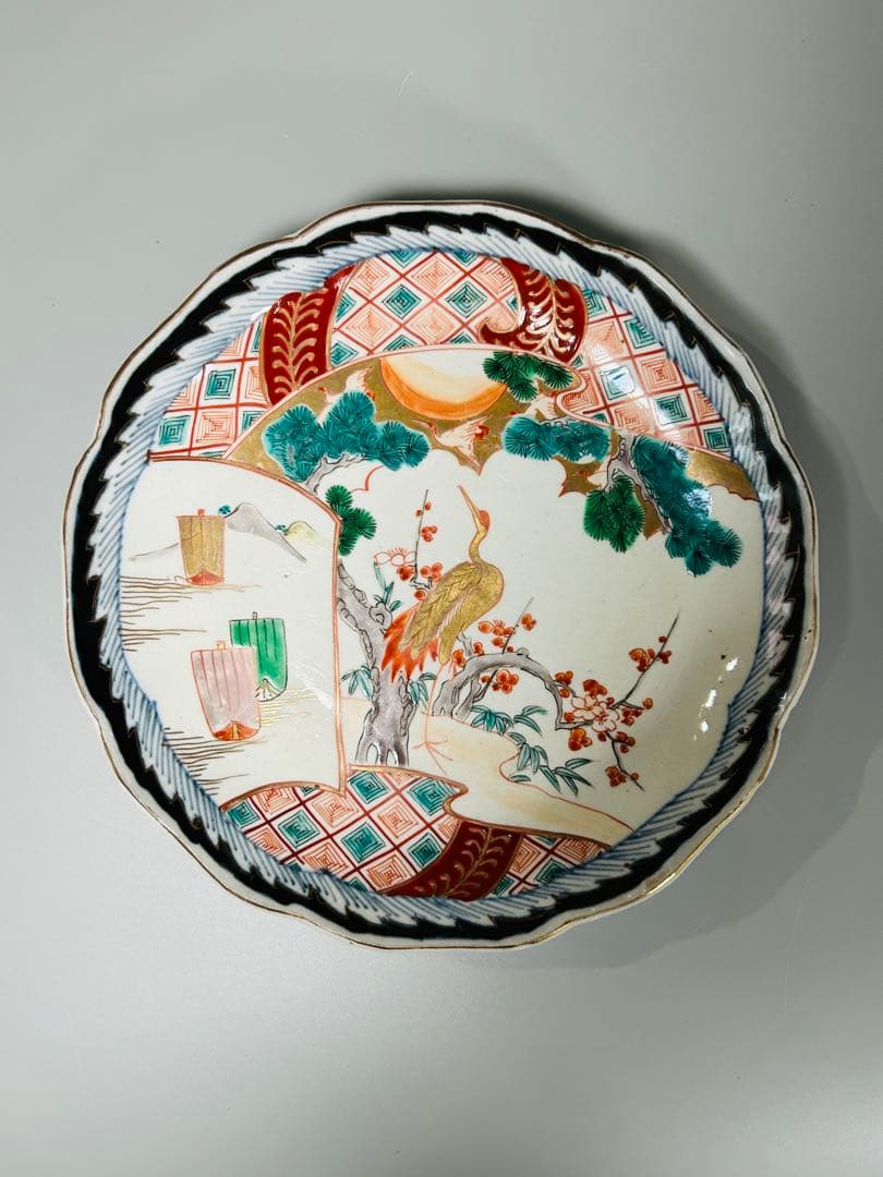 古伊万里　色絵　金襴手　松竹梅　鶴　輪花　七寸皿　5枚　21.5㎝　窓絵　帆舟