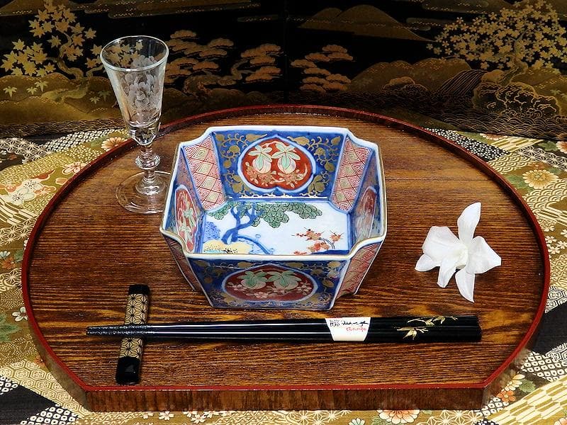 大聖寺伊万里　金襴手　桃に柘榴　大樹に欄干の図　四方角向付　E101AS-CQi