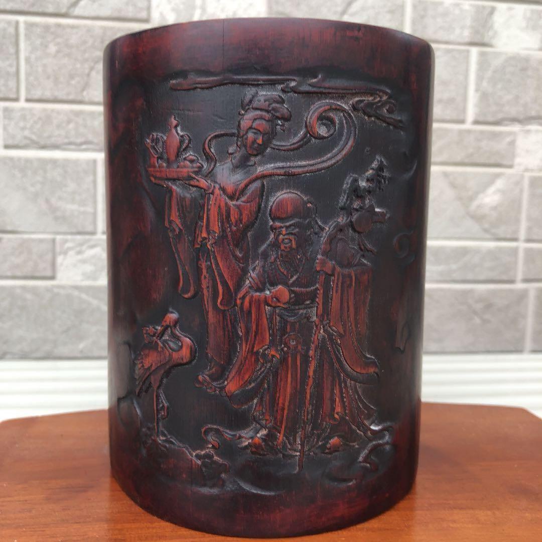 清時代　文房具 竹彫筆入 骨董品 美術品