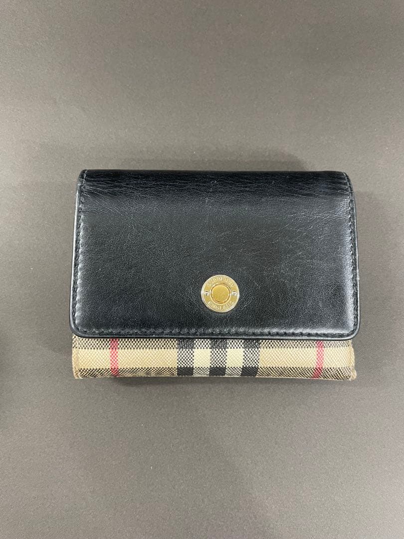 Burberry ギンガムチェック 三つ折り財布 ブラック/ベージュ