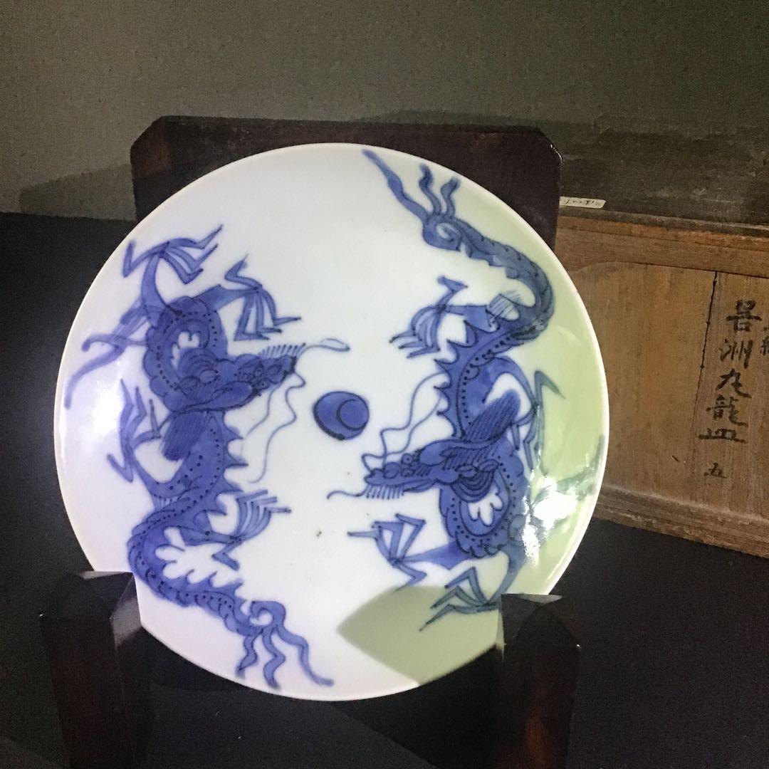 藍呉須　龍紋中皿5枚　清朝期　共箱