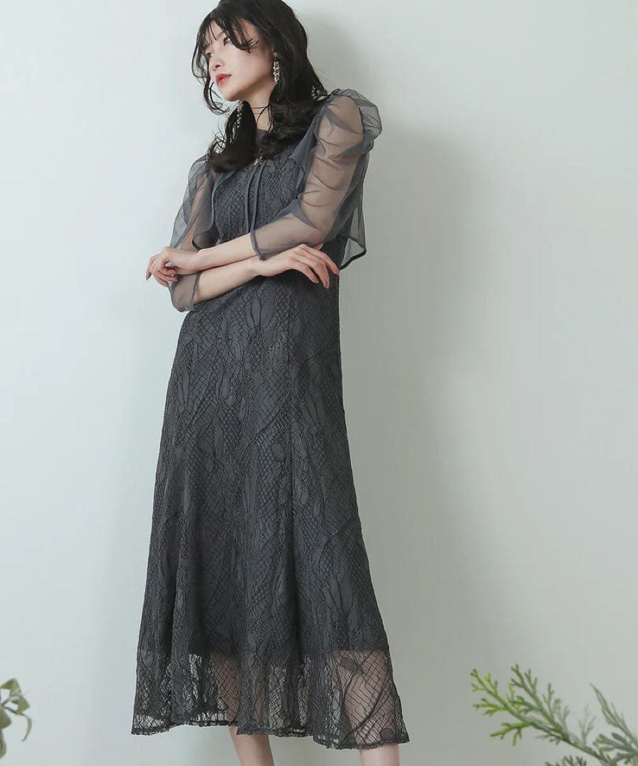 kana チュールボレロ ざっくりレース 3way ドレス　チャコールグレー