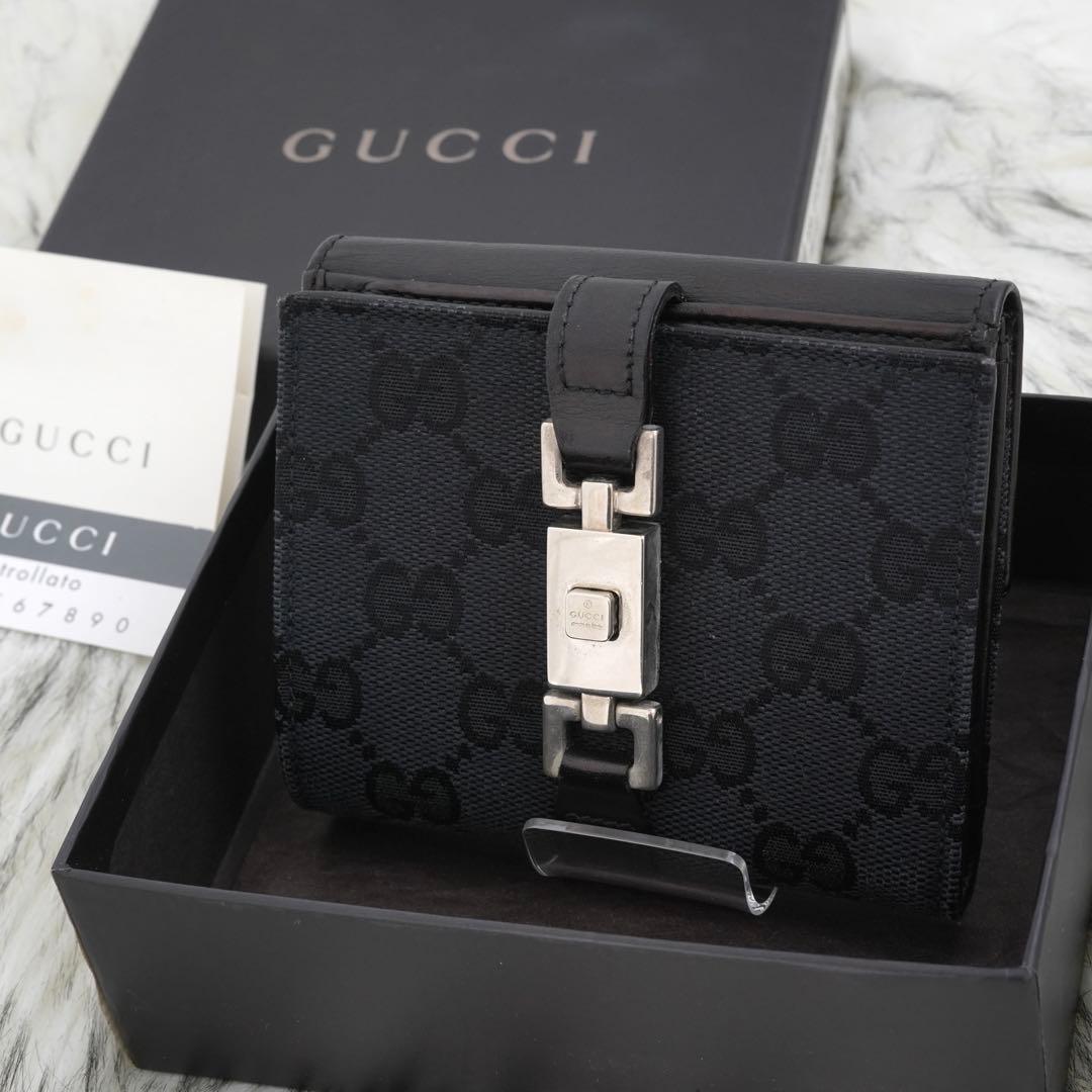 未使用級　箱付き　GUCCI グッチ　二つ折り財布　レザー×キャンバス　ブラック