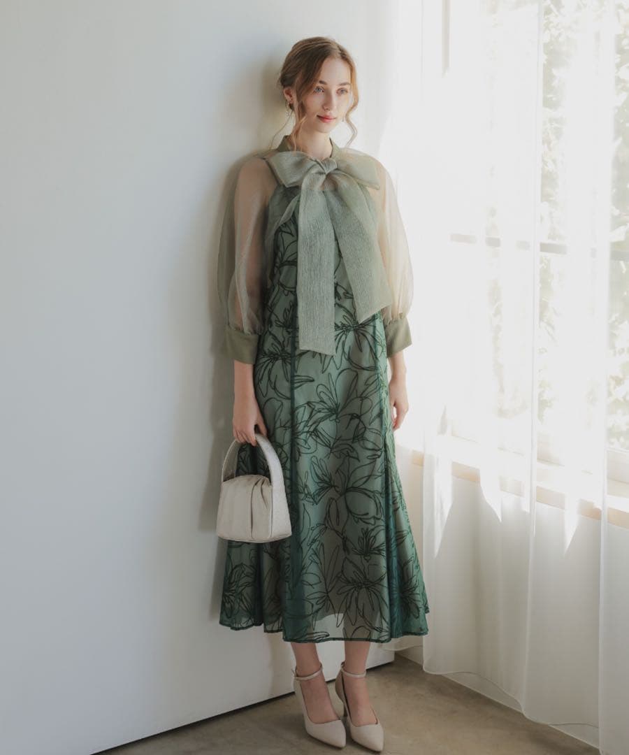 シアーボウタイブラウス&花柄ワンピースセット グリーン Sサイズ