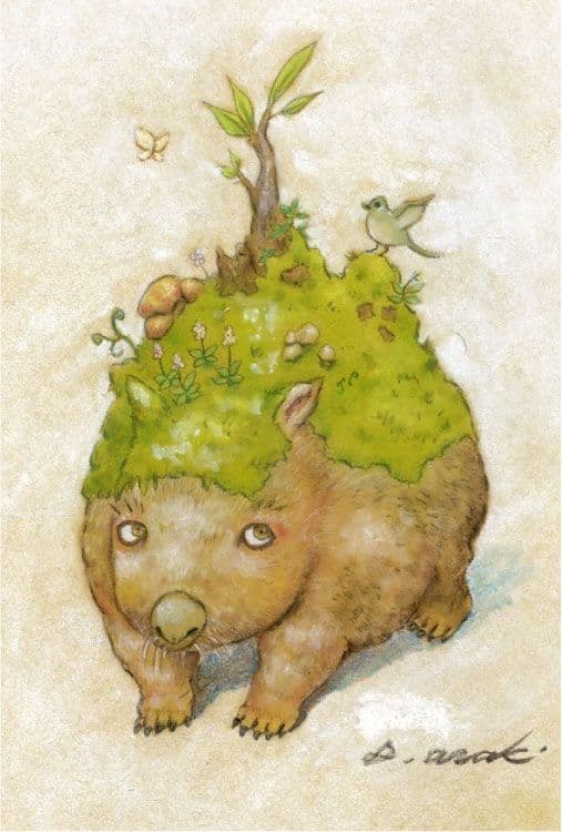 【原画】『永き眠りからの目覚め』（ウォンバット　絵画　苔　植物　森）