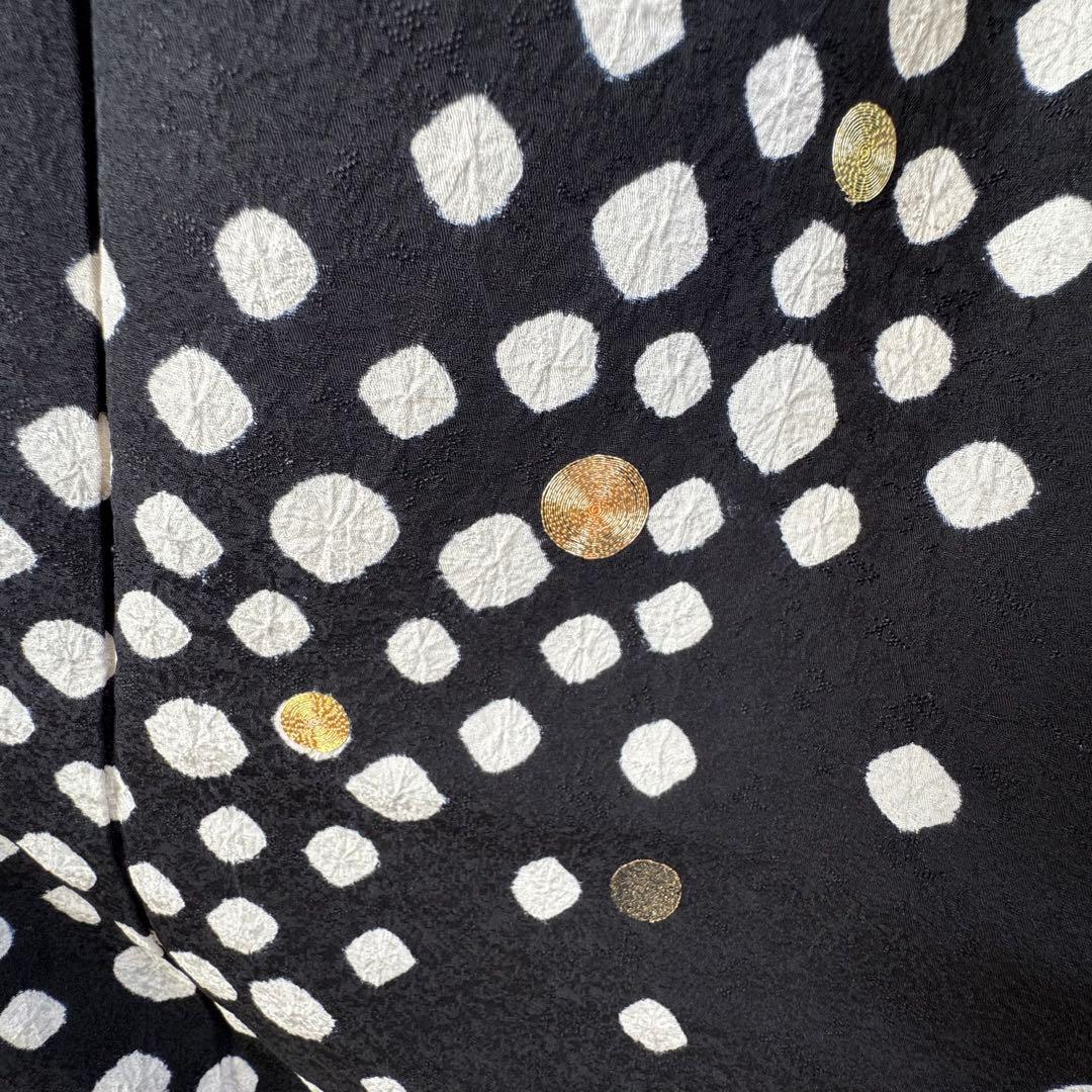 超美品　正絹　袷　訪問着　着物　164裄68 黒　絞り　小玉　金刺繍　トール