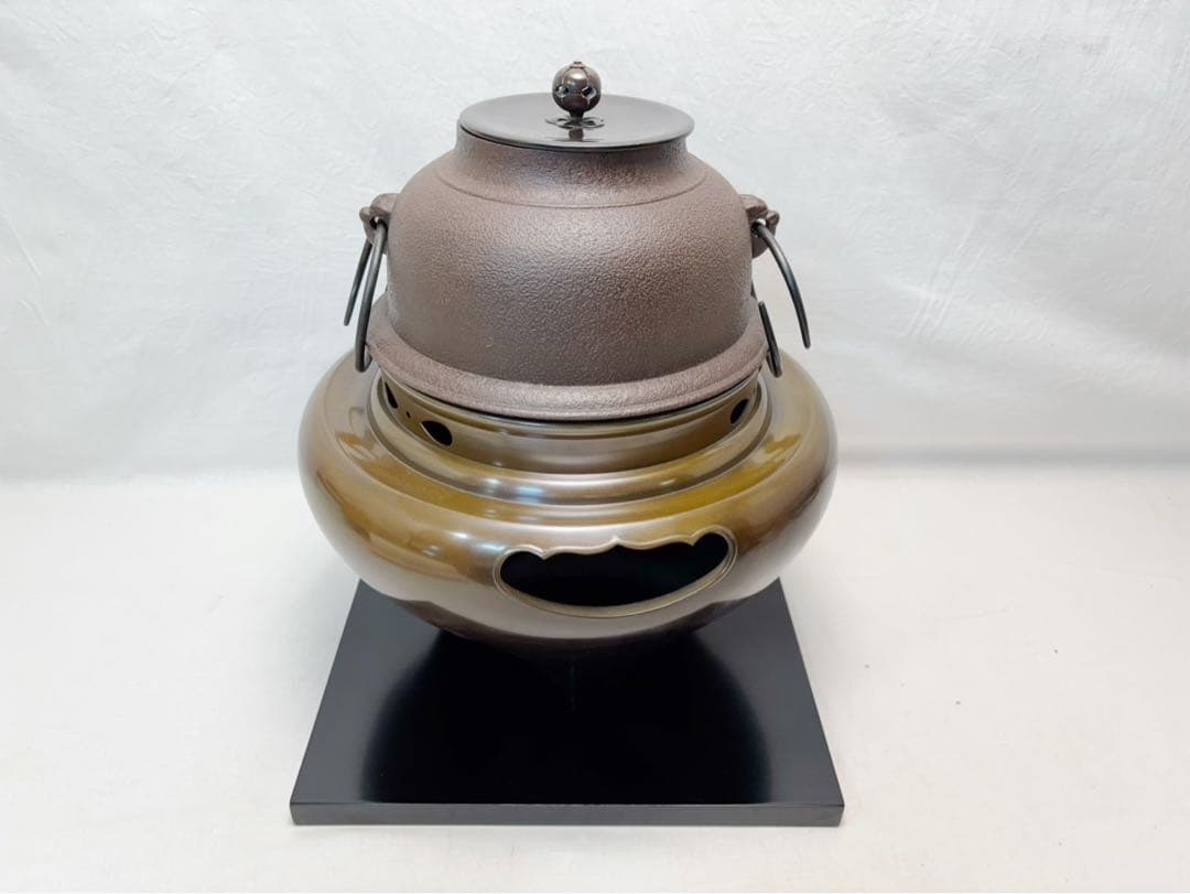 未使用 茶道具 釜師 佐藤浄清造 唐銅朝鮮風炉釜 真形釜添 野々田電熱器 敷板