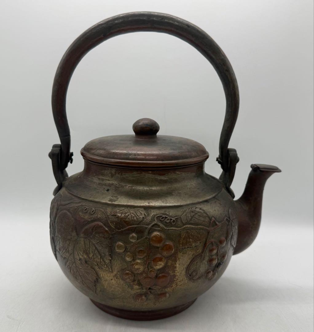 時代　銅製　水注　平寿堂製　鎚起葡萄紋　約2kg 茶道具　送料込み251219