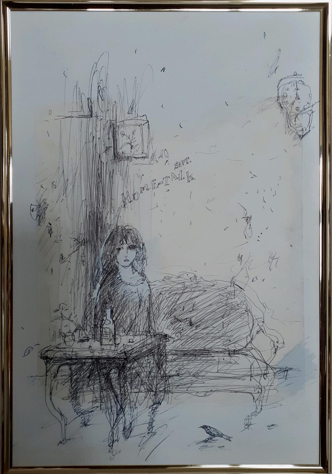 作者不明　ボールペンイラスト　女性と鳥と掛け時計の図　肉筆　SM　額装