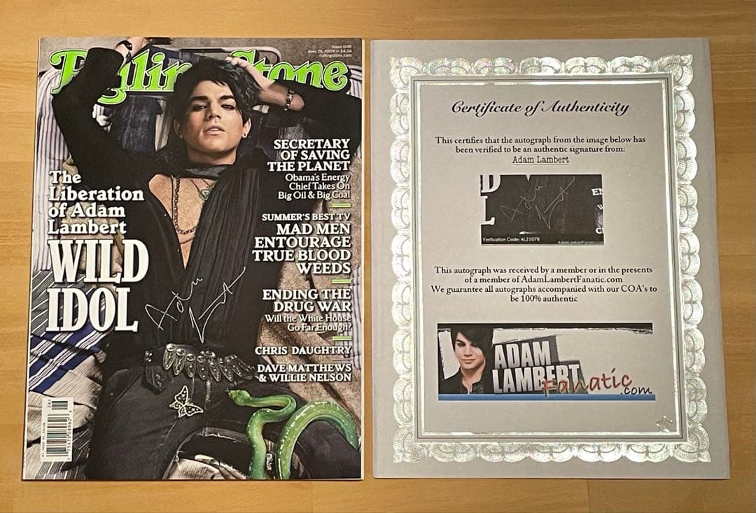 アダム ランバート 直筆 サイン入り 雑誌 及び Certificate