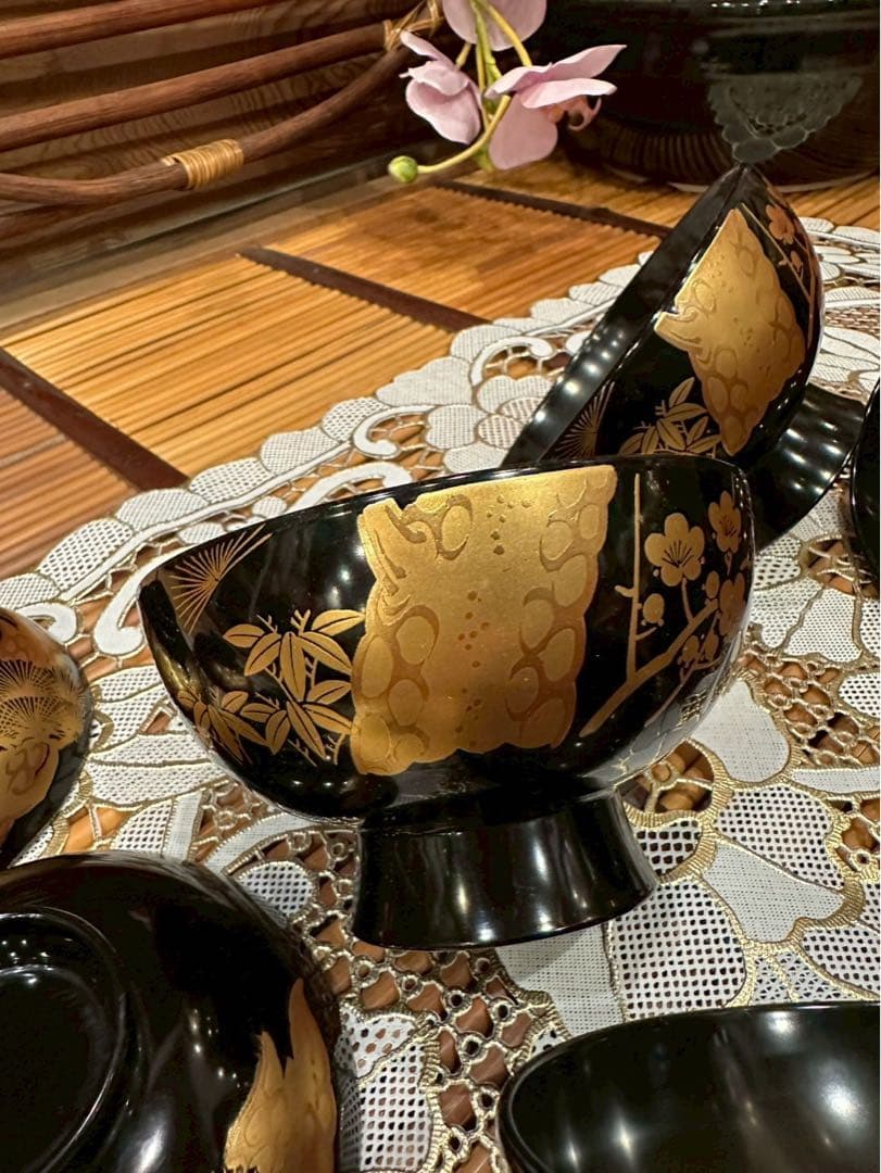 未使用 最高級 特選漆器 会津塗 吸物椀 セット 金彩 松竹梅