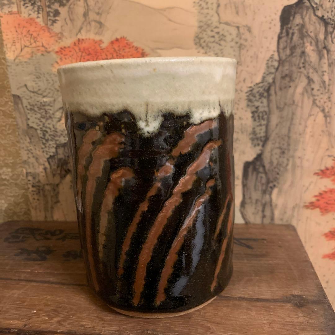 佐久間賢司 ★ 糠黒釉指描筆筒 ★ 共箱栞 ★ 文房具 ★ 佐久間藤太郎 185