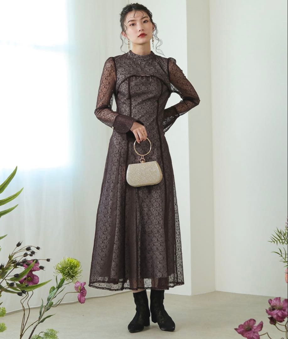 Kana 幾何学柄 レース バックオープン ワンピース パーティー ドレス結婚式