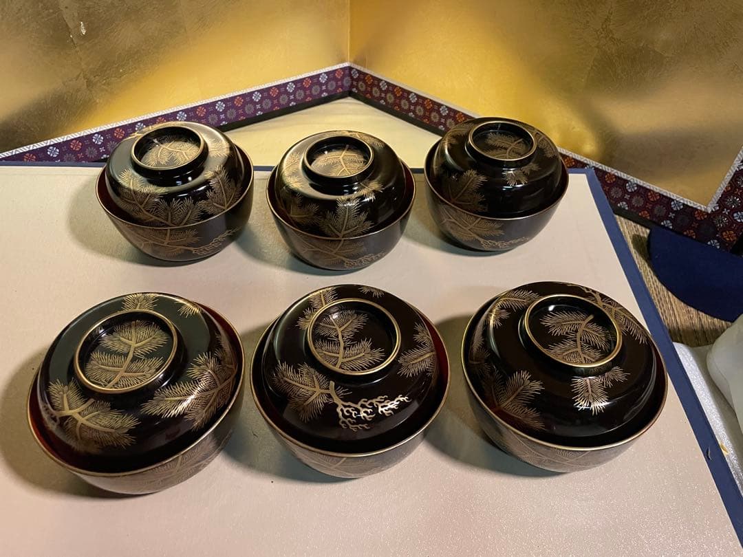 美品　輪島塗 寿松沈金 煮物椀 6客 雑煮椀/大椀/平椀/麺椀/丼椀 漆器