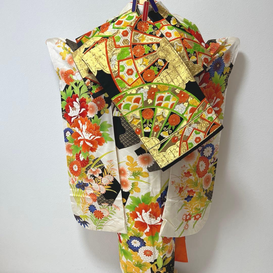405 振袖フルセット 正絹 白 橙 黒 緑 金彩 駒刺繍 カラフル レトロ