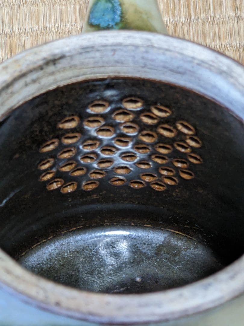 ♦民藝 琉球焼 緑釉流し掛け 箆彫り 草花文 水注 ポット 沖縄 やちむん骨董品