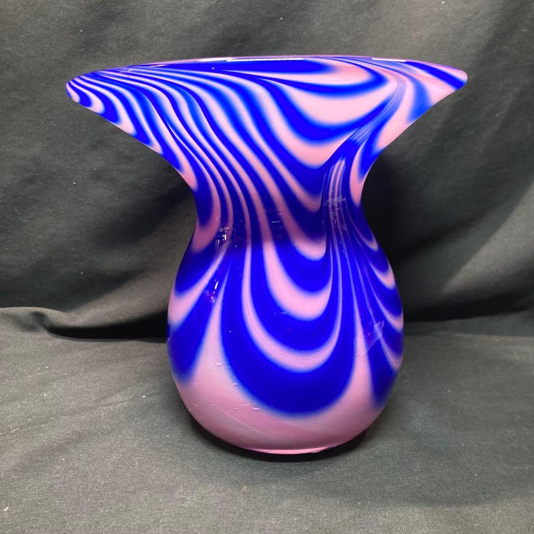 【美品】花瓶 ガラス工芸 ブルー マーブルガラス enrai