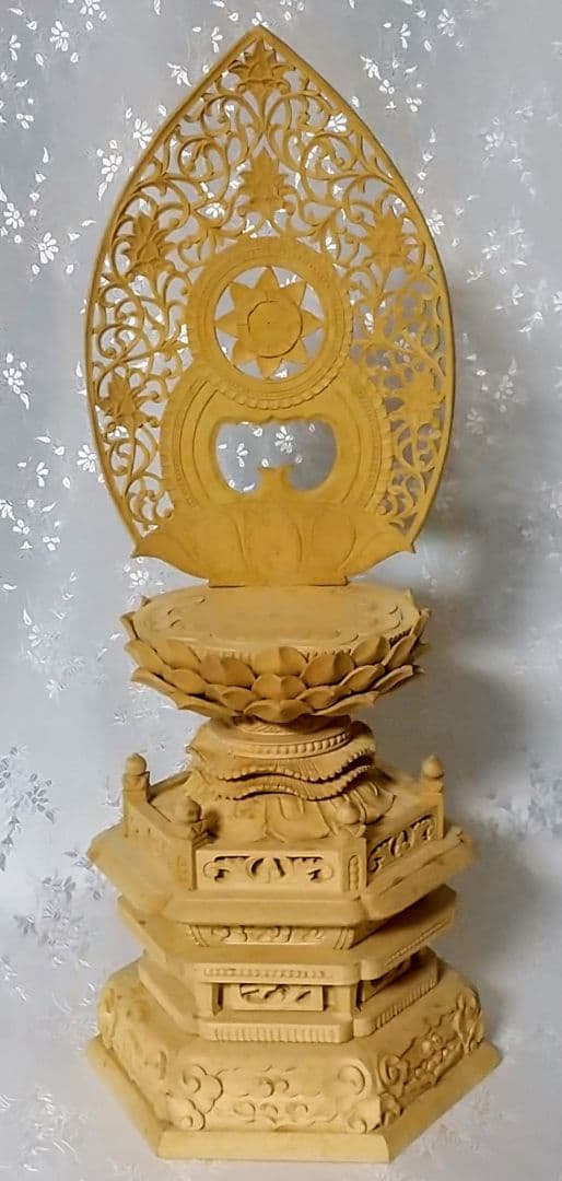 台座+光背 坐像用#544 背切 六角 宝相華唐草 透し彫 木彫 仏像付属品
