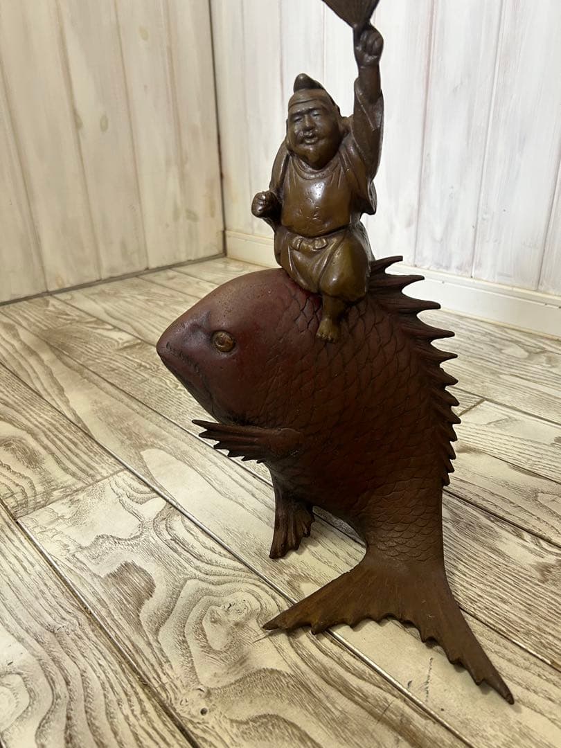 金運アップ　恵比寿と鯛　ブロンズ 魚と人物像 アート作品