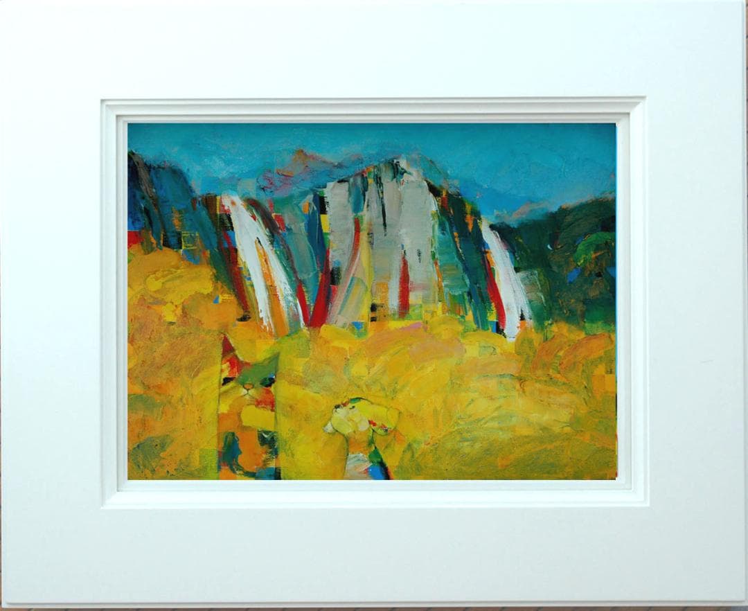 油絵 菅家令子 絵 絵画インテリア額付(青緑＋金色の枠)uF6-071119犬猫