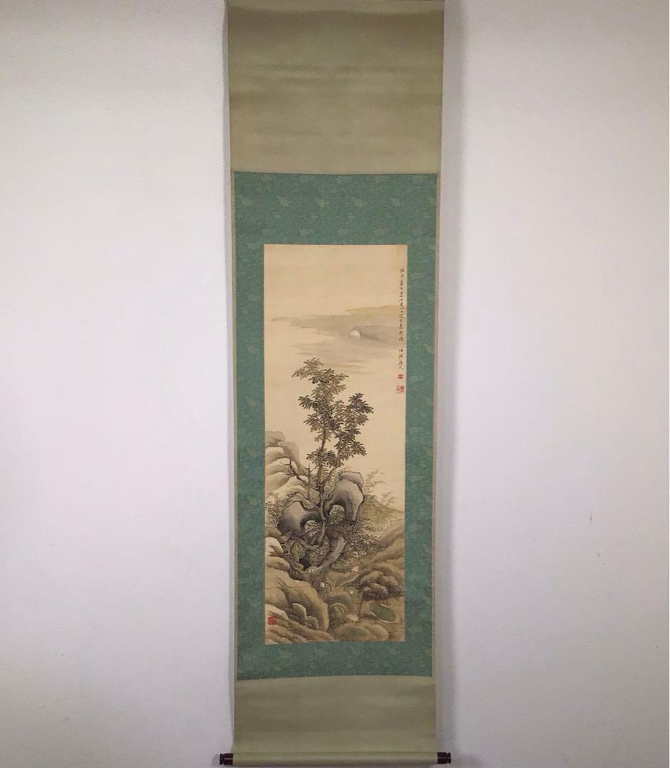 No3015掛軸　在銘　鍾洲漁人　夢研山人　款　月下草花図　絹本　合箱　送料無料