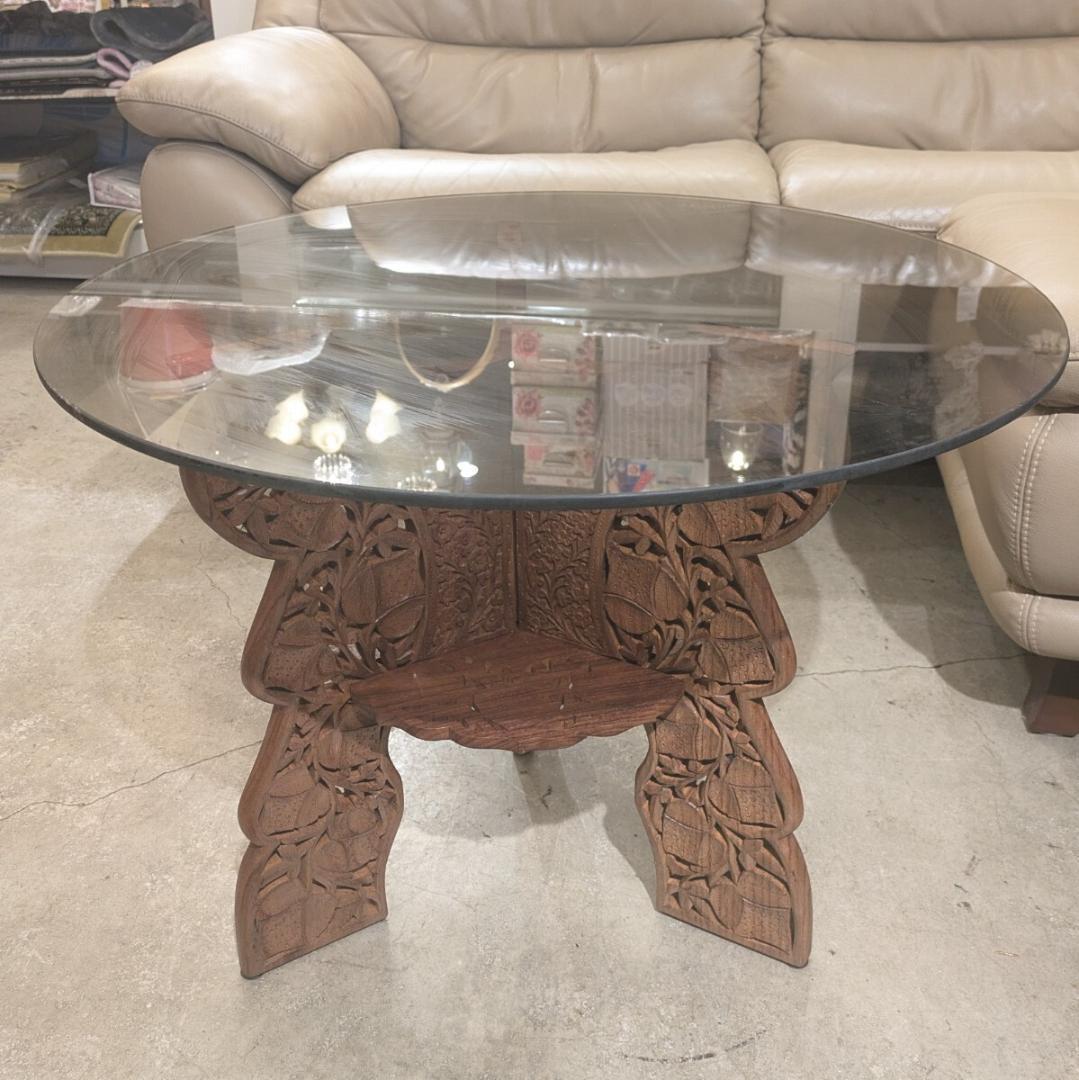専用ページ 木彫りガラス テーブル 彫刻 天板ガラス 丸テーブル サイドテーブル