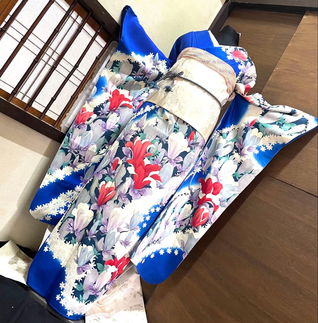 振袖 フルセット6点サイズM〜Ｌ草花文　暈し染め　正絹