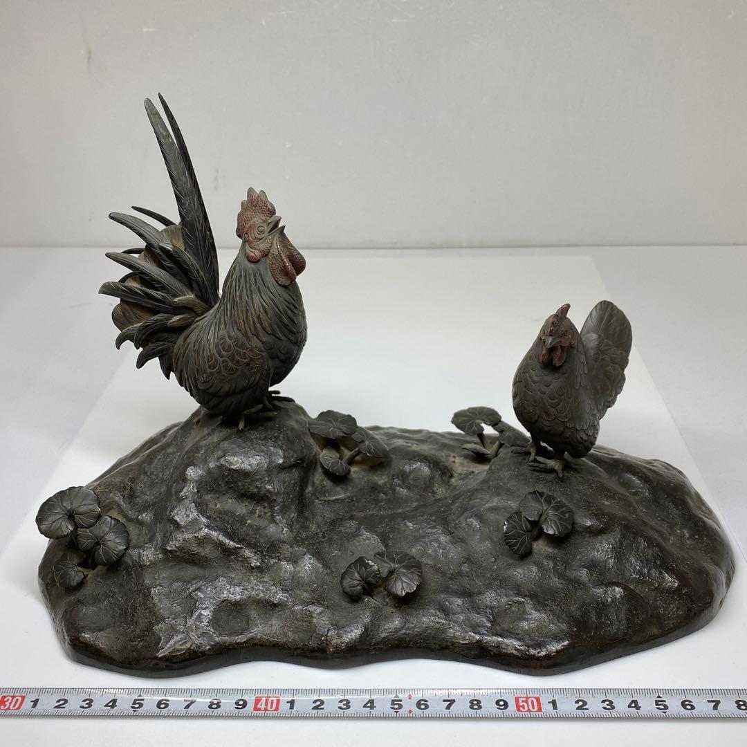 専用　押本清司　銅製　彩色　双鶏　「清司作」　2255g 東さ7-0425☆2F