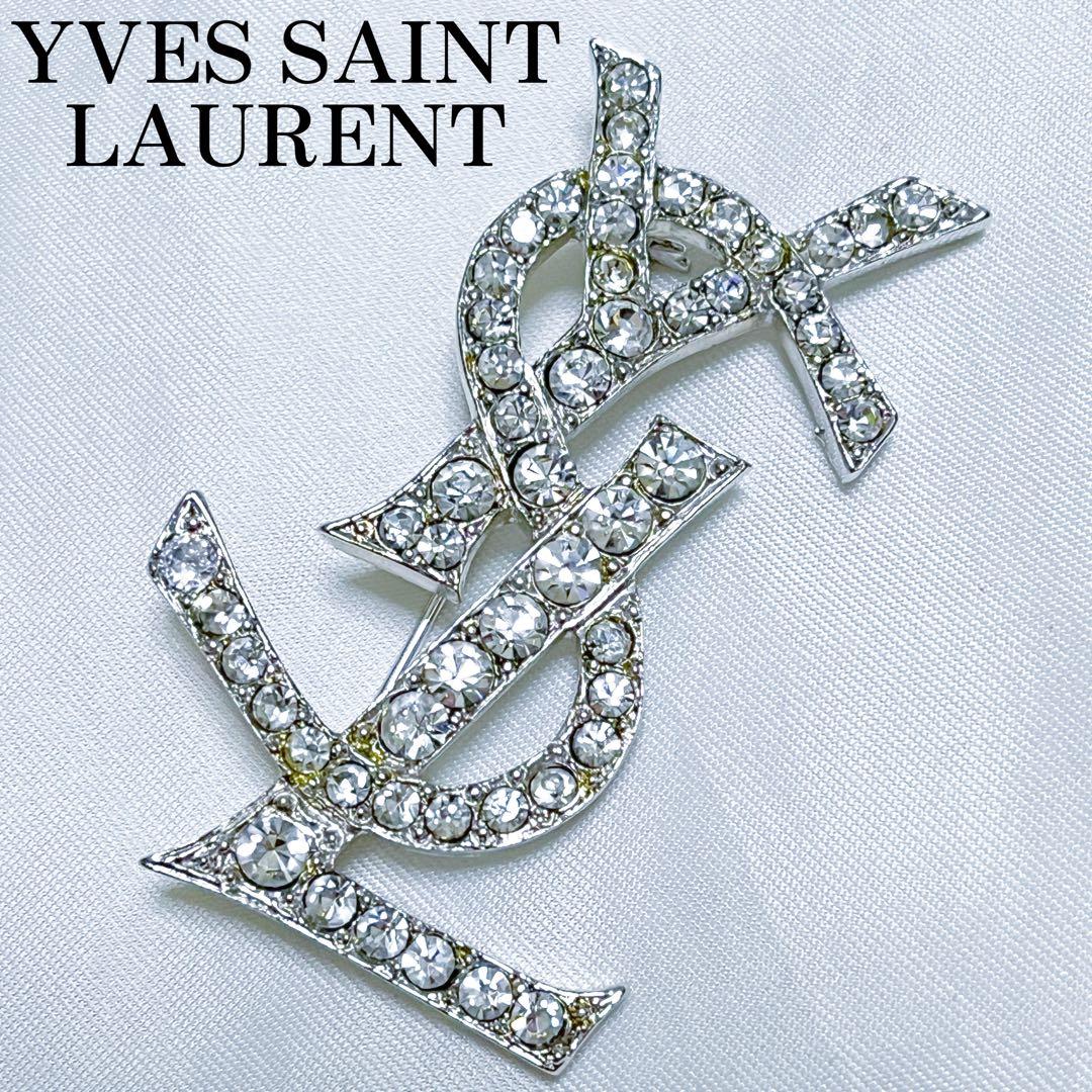 イヴサンローラン ブローチ カサンドラ YSLロゴ　ラインストーン シルバー