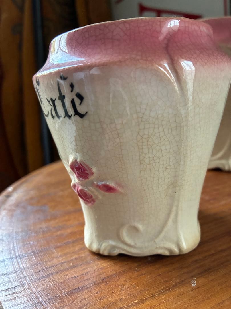 フランス　アンティーク　陶器　キャニスター　バルボティーヌ　ローズ　ピンクBレア