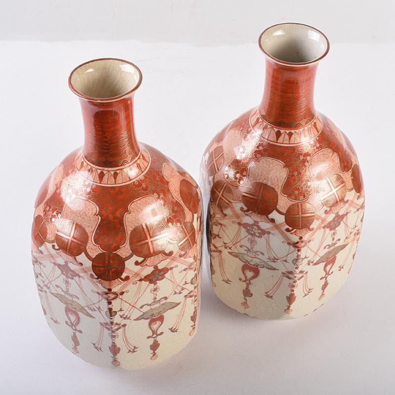 九谷焼　古九谷　赤絵金彩　瓔珞文　六角大徳利　一對　長壽箱付　G　R8975B