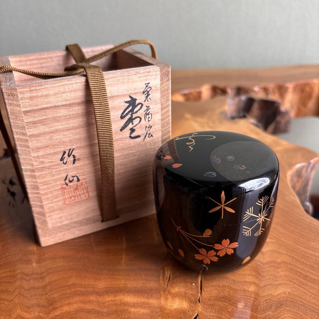 雪蒔絵 棗 竹仙造 桜 雪 螺鈿細工 茶道具 共箱(蓋なし)