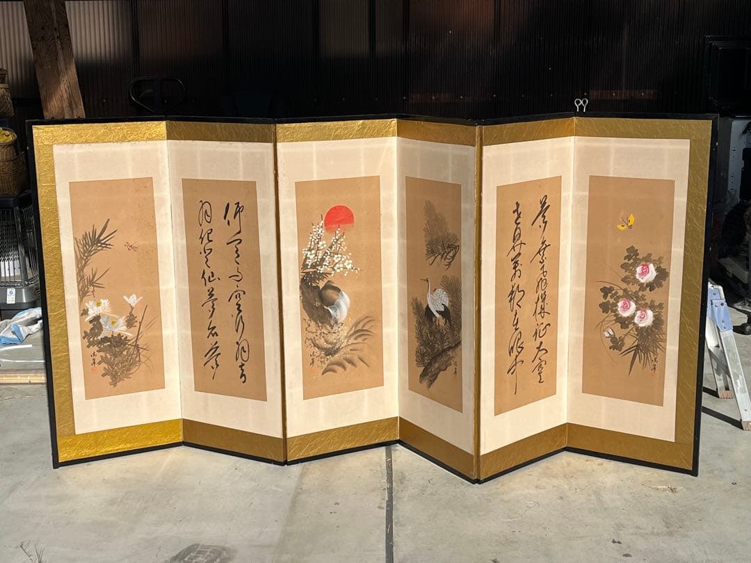 日本画 屏風 花鳥　骨董品