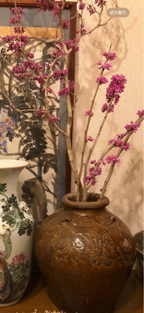 中国明時代茶色陶器 彫刻模様 壷