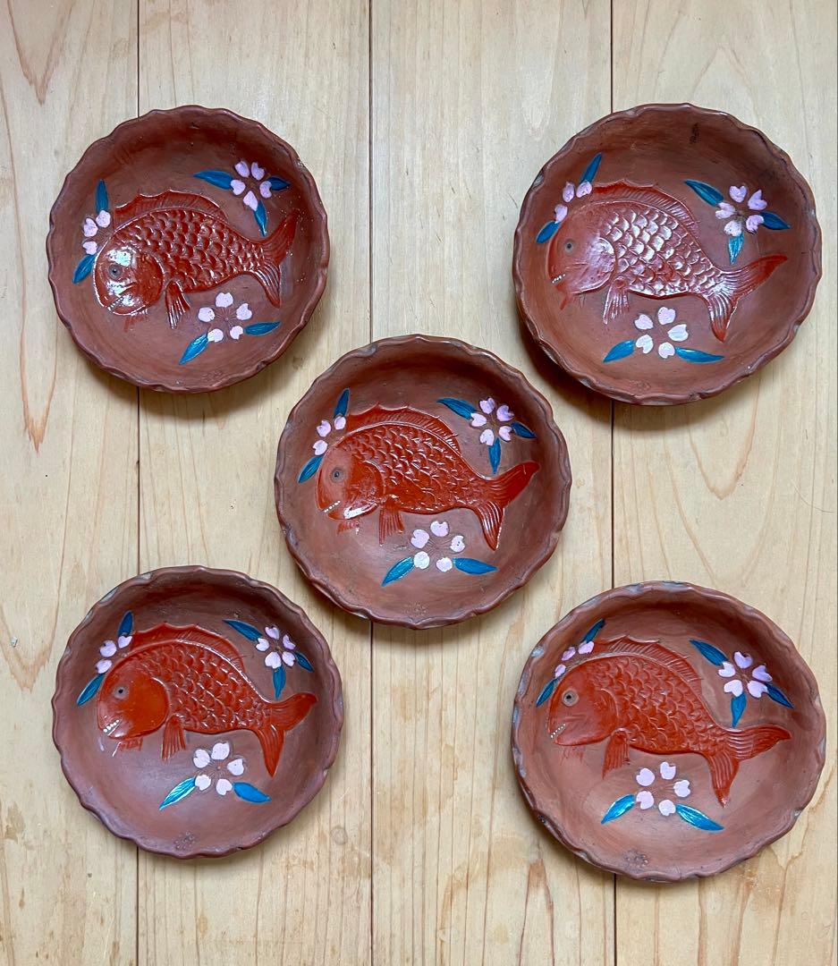 せんべい皿　鯛の図A 5枚セット　絵備前　色備前　備前焼　小皿　アンティーク