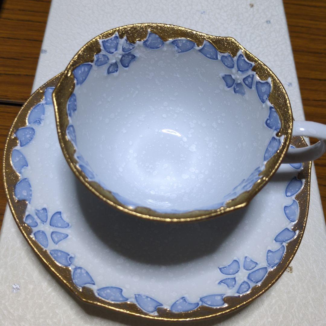 「有田焼 」「文山窯」「 輪花」「カップ＆ソーサー 」金「ピンクブルー」2客