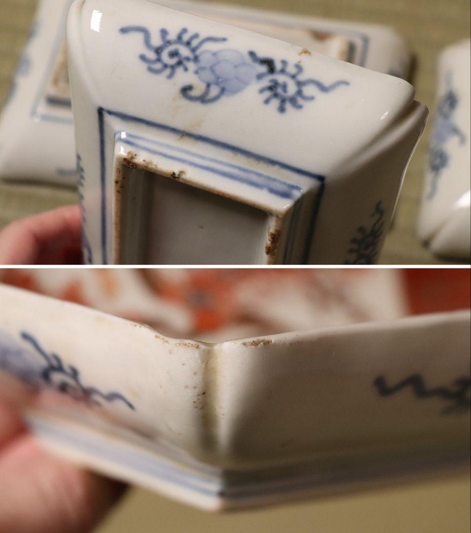 【CM50】古伊万里 色絵 長方刺身皿 角皿 五客 桐鳳凰 松竹梅 扇面 花唐草