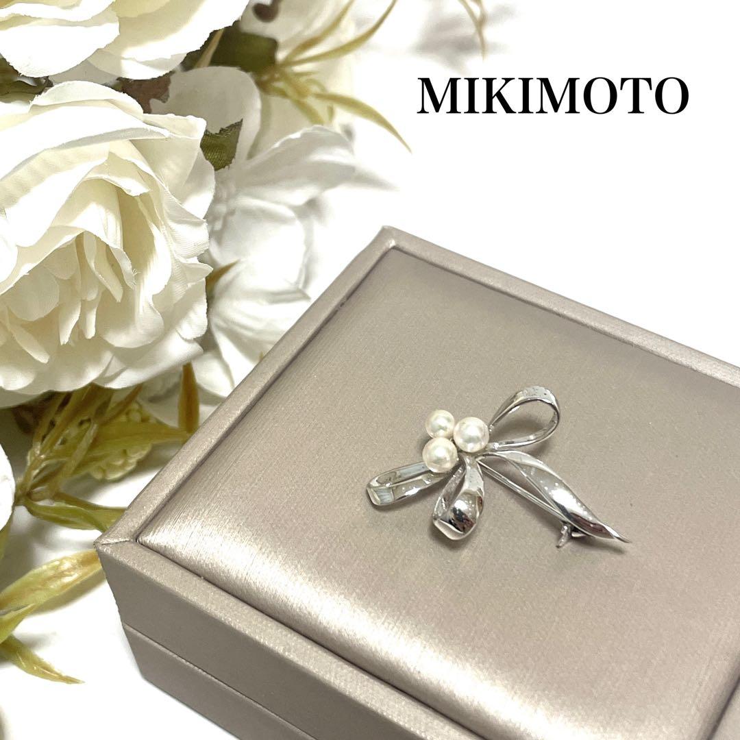 美品✨皇室御用達 MIKIMOTO ミキモト アコヤ真珠 リボン ブローチ SV