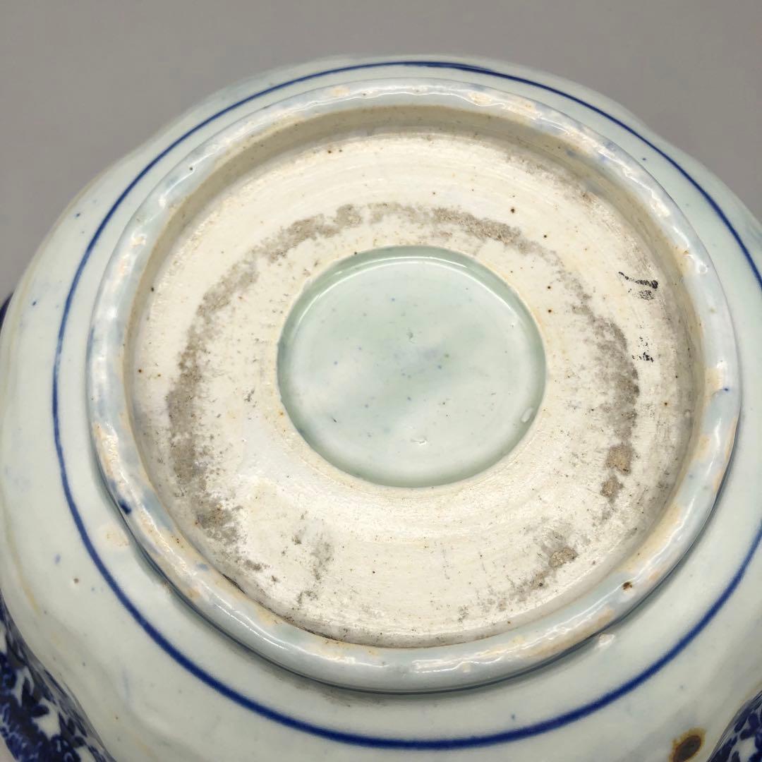 明治時代古伊万里渦巻き花微塵唐草文様ベロ藍印判手鉢ボウル26cm伊万里焼骨董品