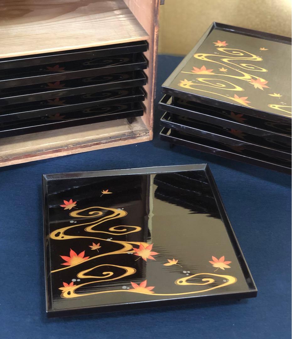 黒塗 流水紅葉蒔絵 脚付膳 四方膳10客 木製漆器 木箱　250725F1❗️割引