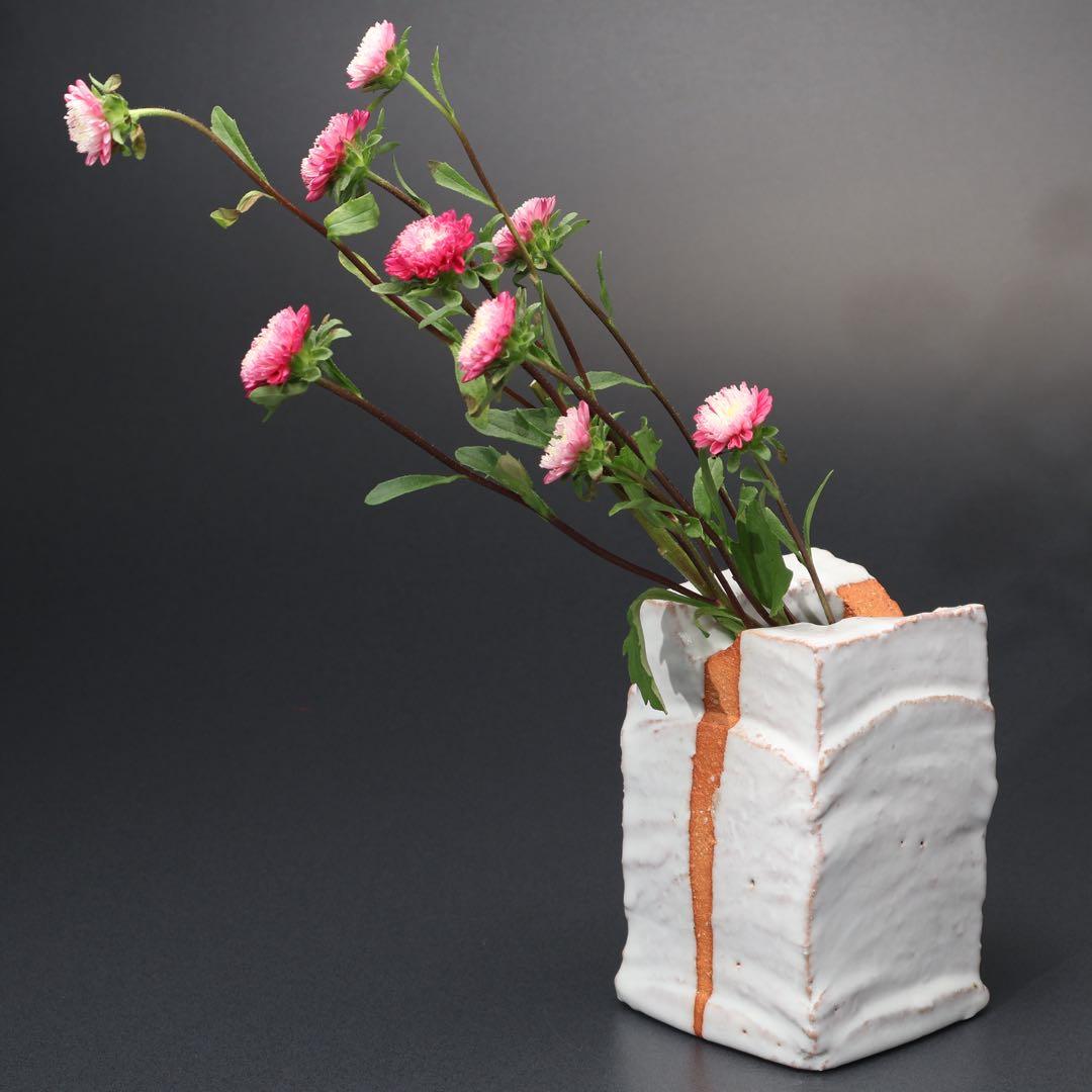 【茶道具】白釉掛分掛花入　萩焼　大和保男　共箱　白　R1561ダN3