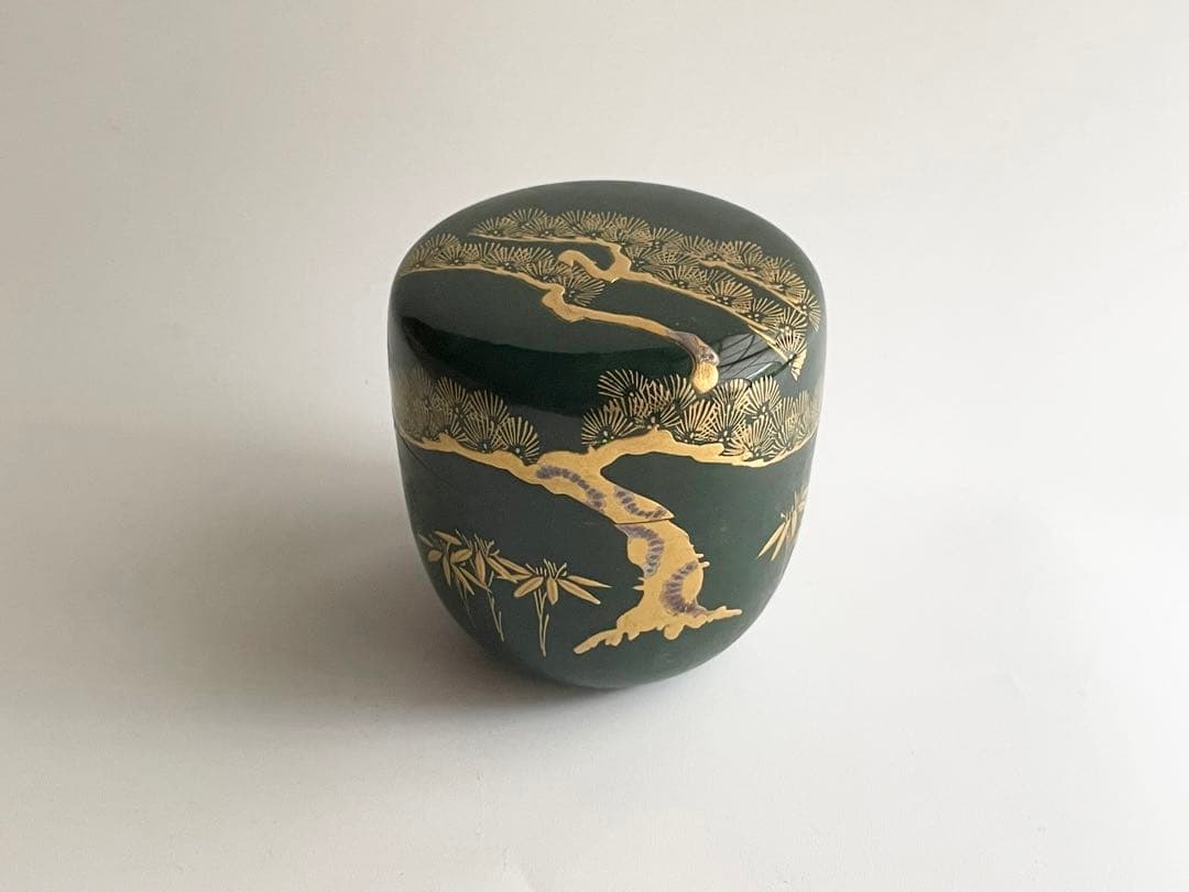 茶道具　平安　漆翁斎　青漆　松蒔絵　中棗　紫野　細合喝堂書付　共箱