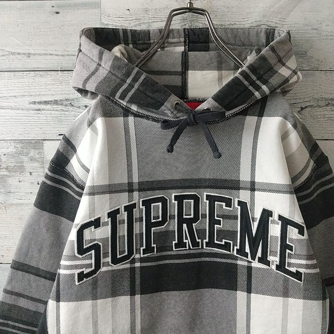 人気デザイン☆シュプリーム 刺繍 アーチロゴ チェック柄 パーカー M