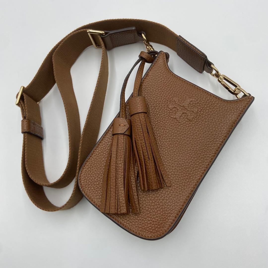 未使用級　トリーバーチ　テア　ショルダーバッグ　スマホ　タッセル　レザー　茶