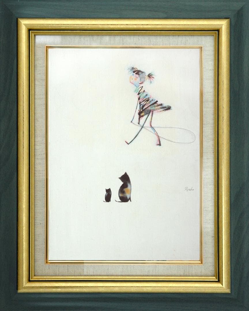 油絵 菅家令子 絵 絵画インテリア額付(青緑＋金色の枠)F4-030319猫女子